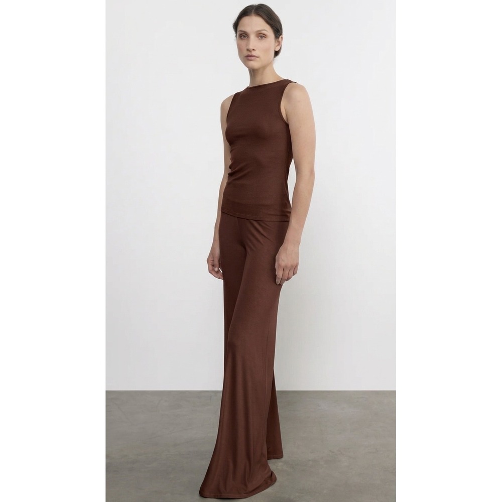 ENZA COSTA Silk Knit Bias Pant Women Medium Sienna Brown High Rise Pull on Flare